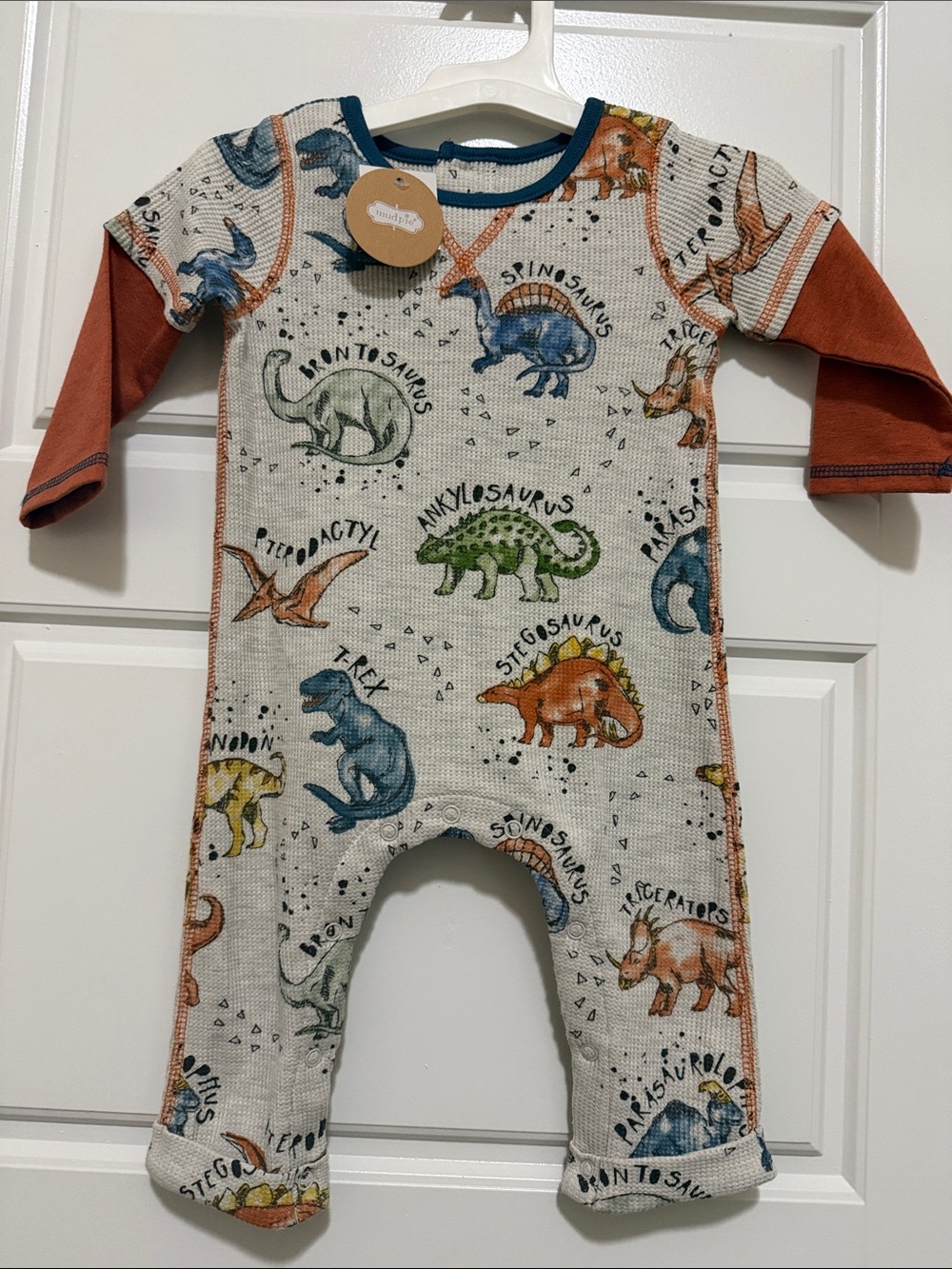 Mud Pie Kids Dinosaur Print One-Piece Bodysuit — Cream Body with Rust Sleeves